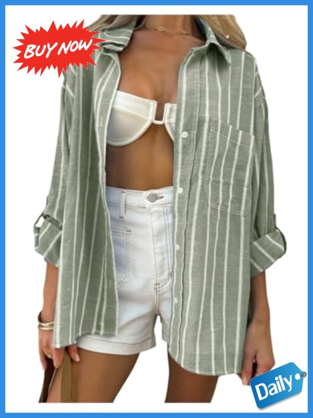 Women's Striped Button Down Oversized Long Sleeve Blouse